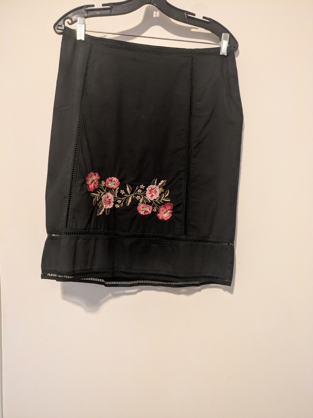 Black Pencil Skirt with Pink Floral Embroidery